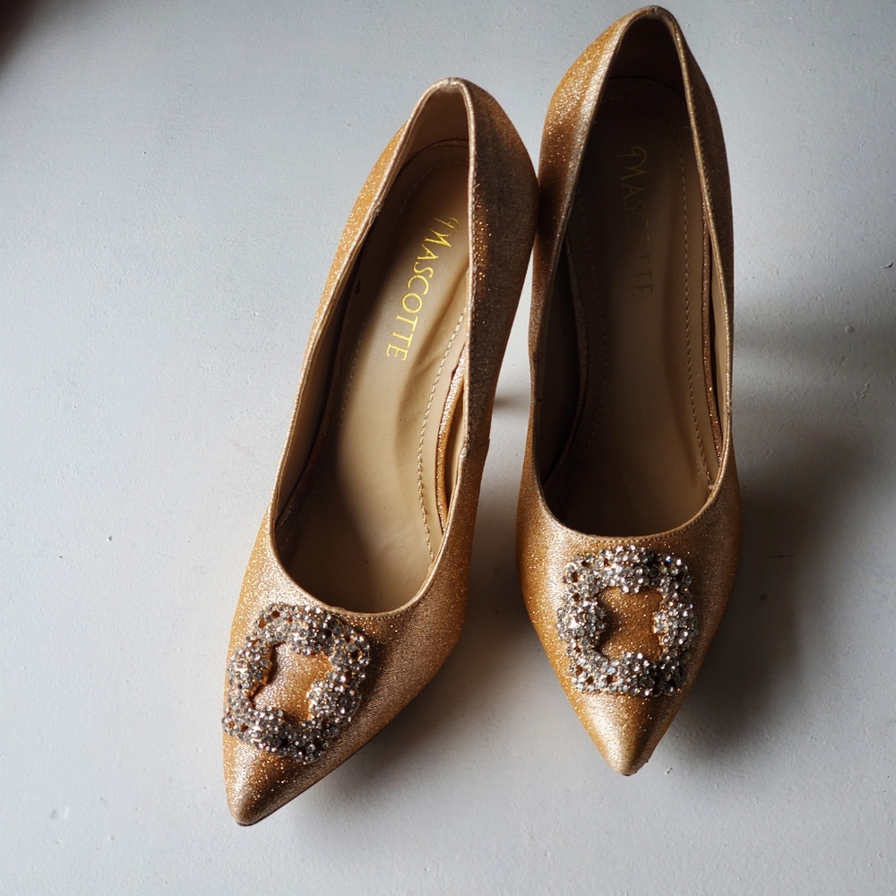 Mascotte Gold Glitter Rhinestone Heels, size 8